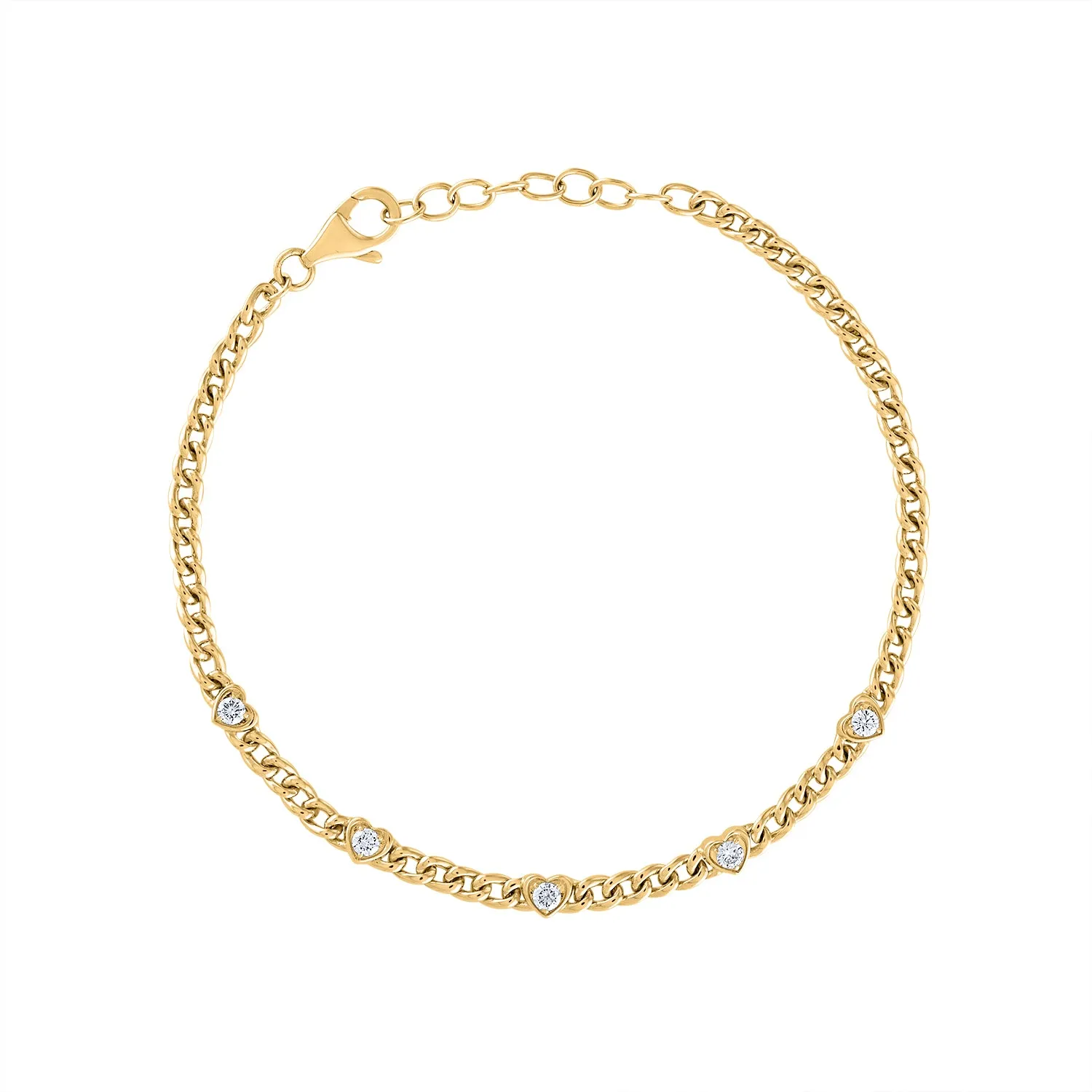 14KT GOLD 5 DIAMOND HEART CURB LINK BRACELET