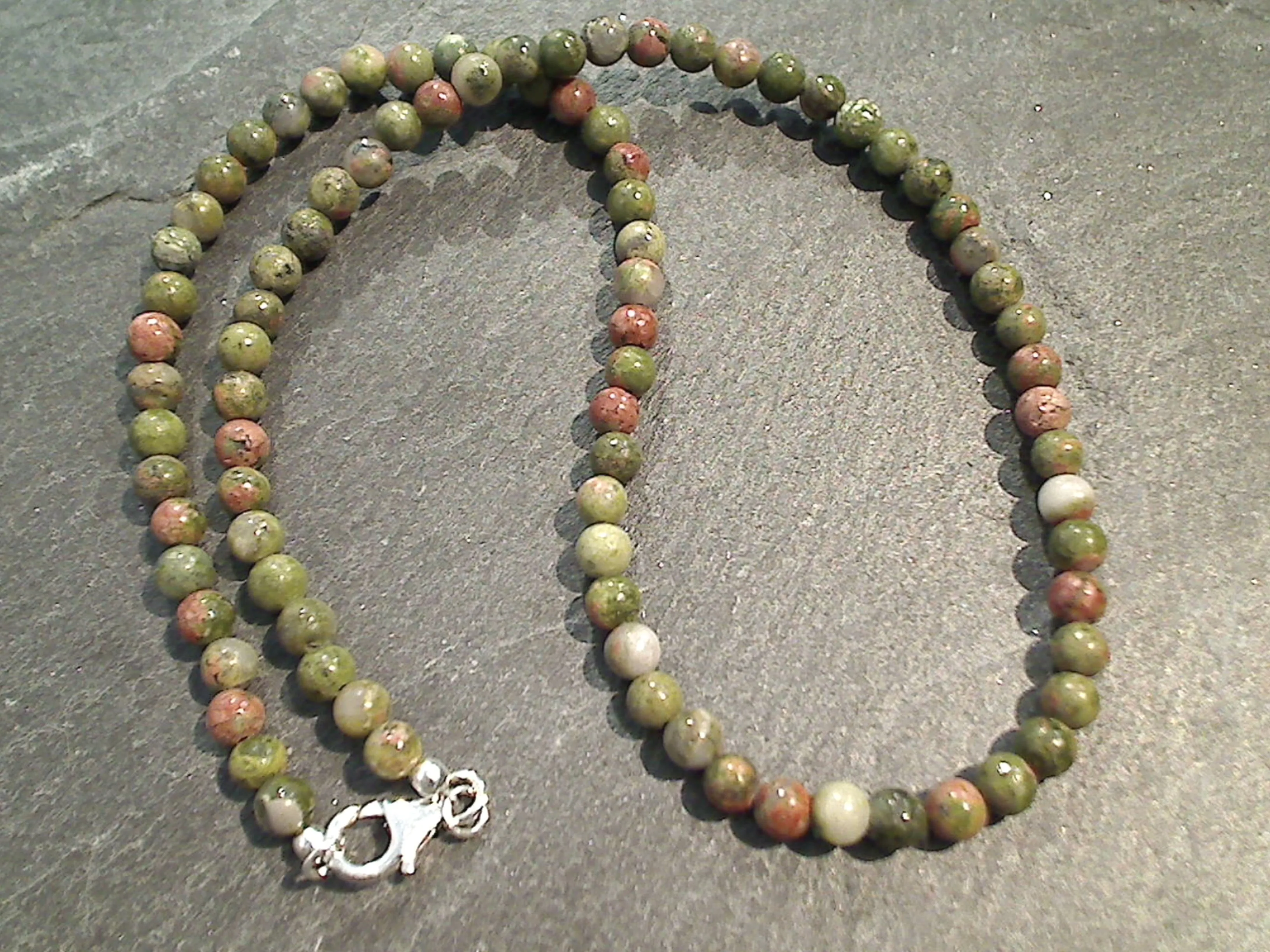 16" Unakite, Sterling Silver 4MM to 5MM Necklace