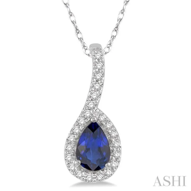 1/8 Ctw Pear Shape 6x4mm Sapphire & Round Cut Diamond Precious Pendant in 10K White Gold