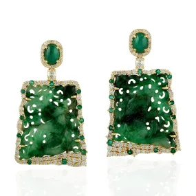 18k Yellow Gold Hand Carved Jade Oval Emerald Pave Diamond Designer Dangler Gift