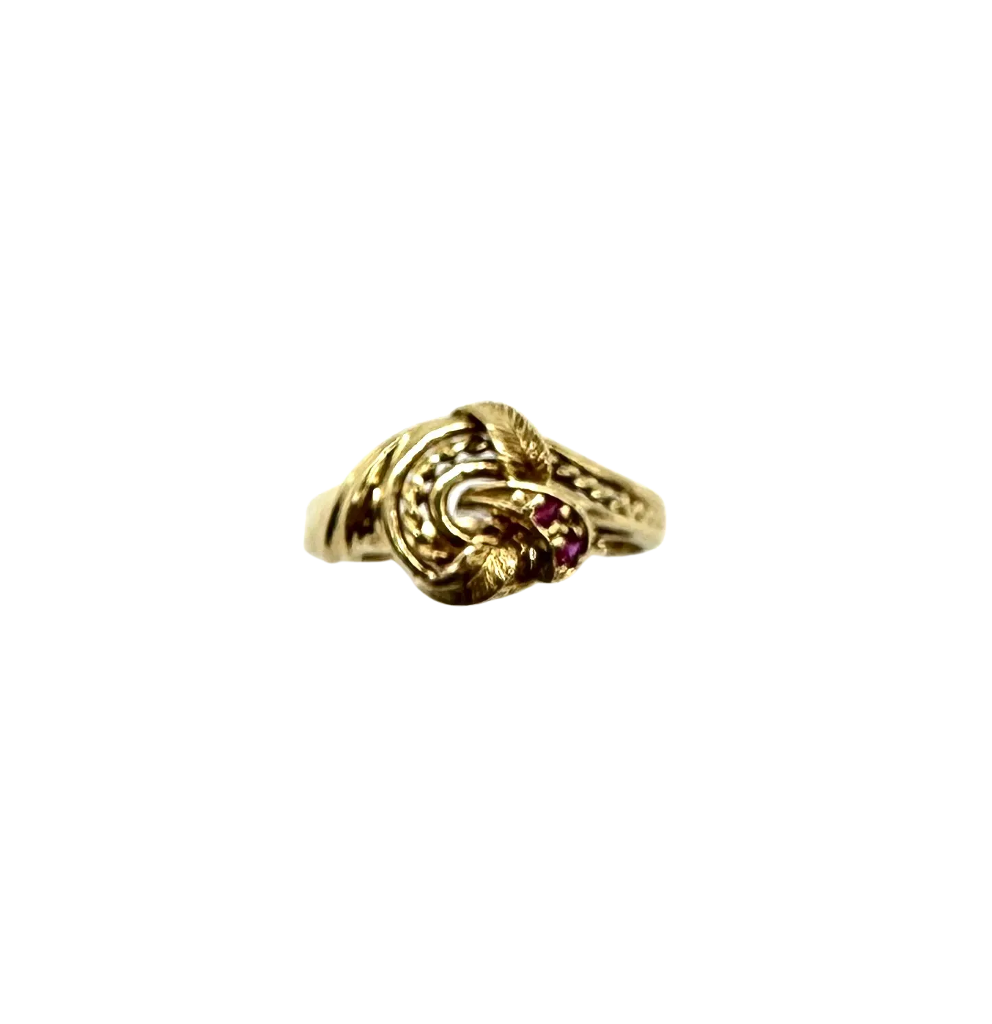 18k Yellow Gold Knot Design Ring with Round Rubies