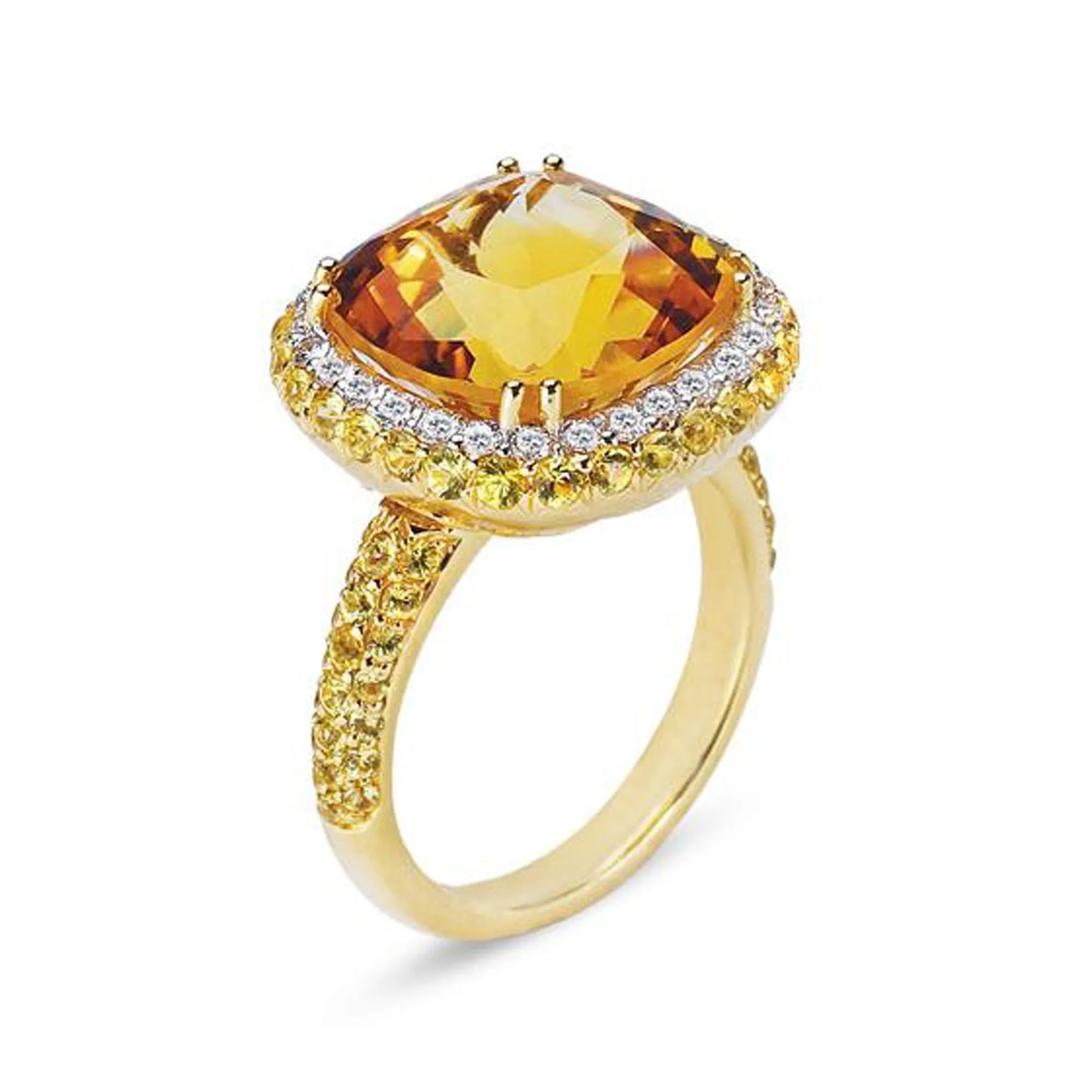 18K YELLOW GOLD RING WITH DIAMONDS SAPPHIRES AND CITRINE