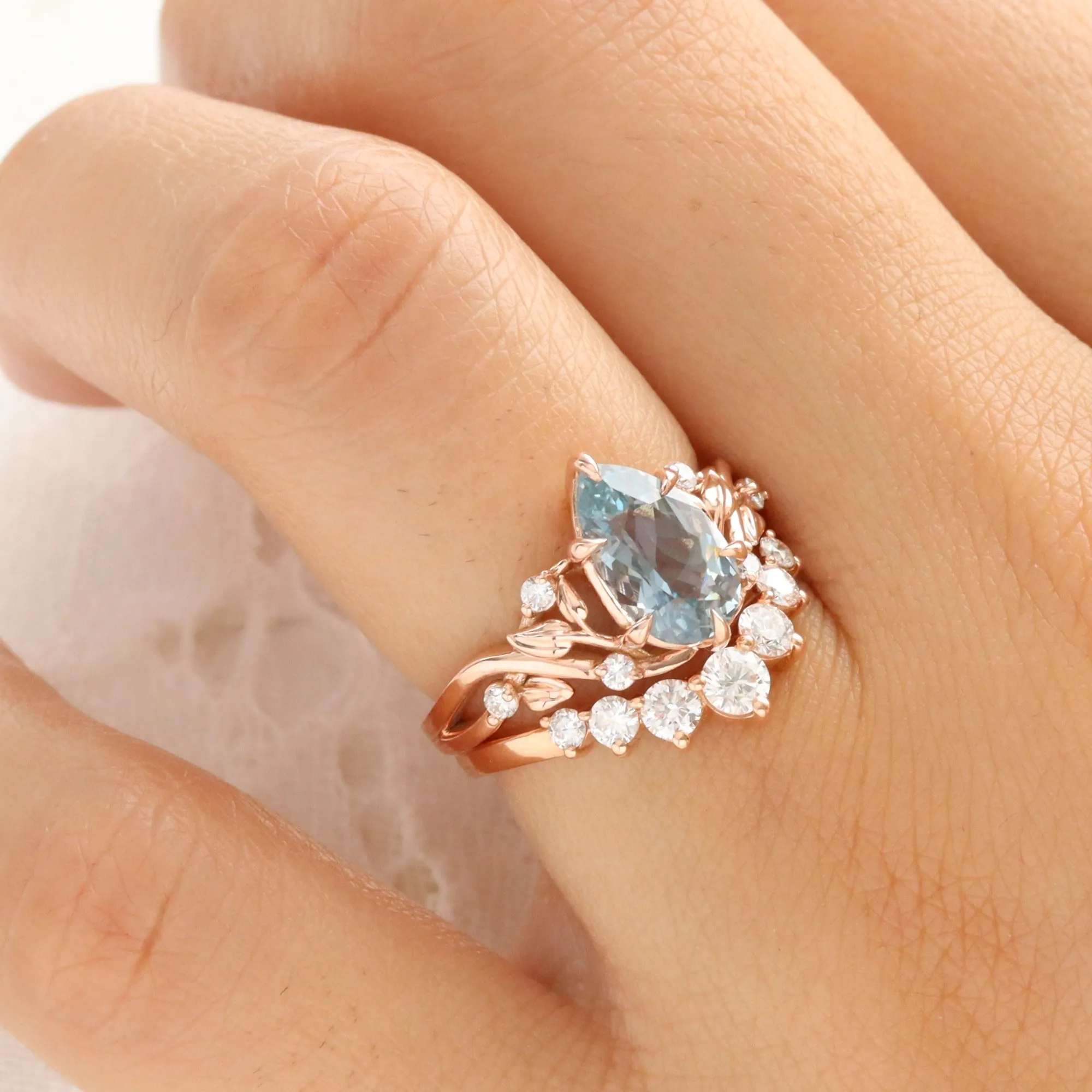 2.33 Ct Pear Aqua Blue Sapphire Ring in 14k Rose Gold Floral Leaf Diamond Size 6.5