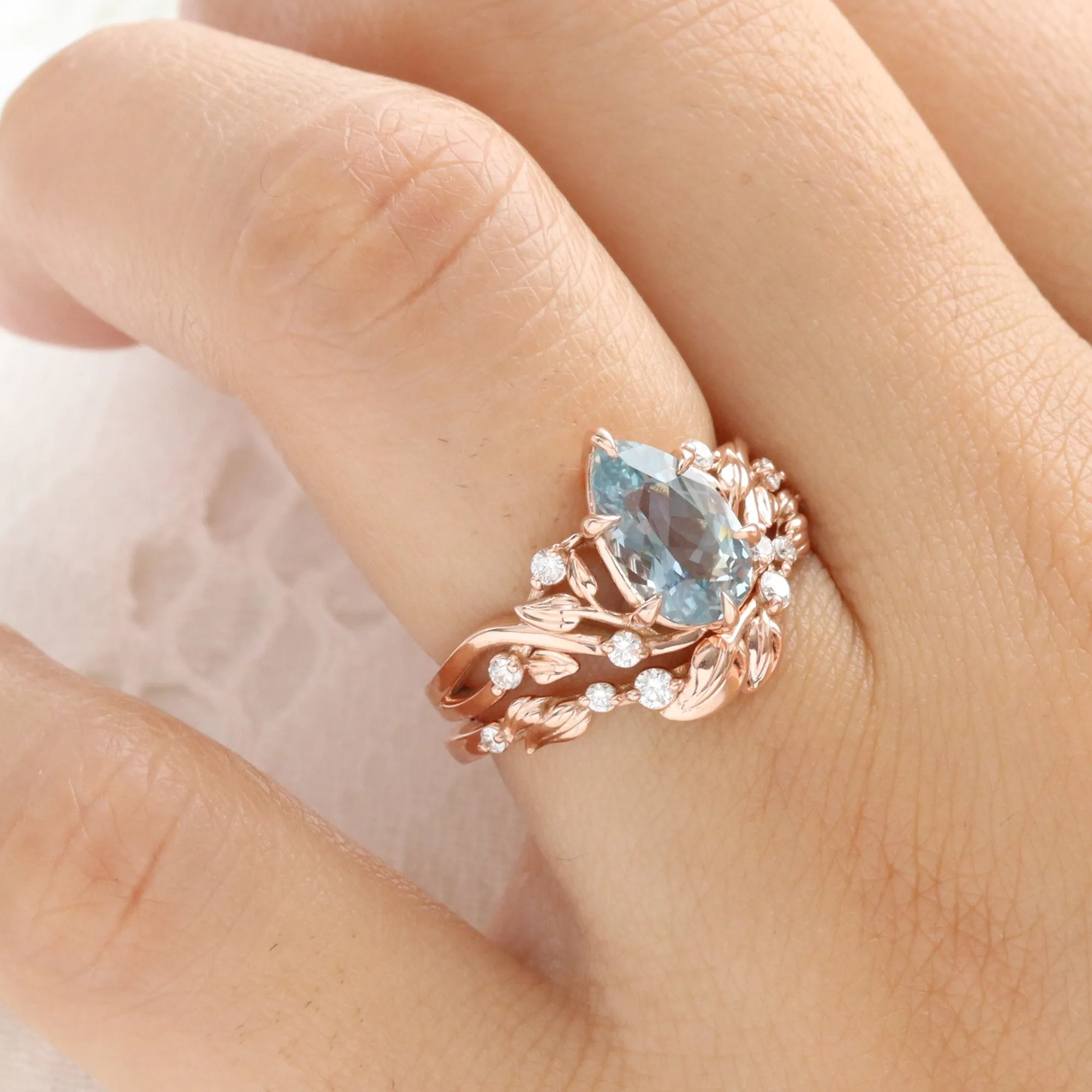 2.33 Ct Pear Aqua Blue Sapphire Ring in 14k Rose Gold Floral Leaf Diamond Size 6.5