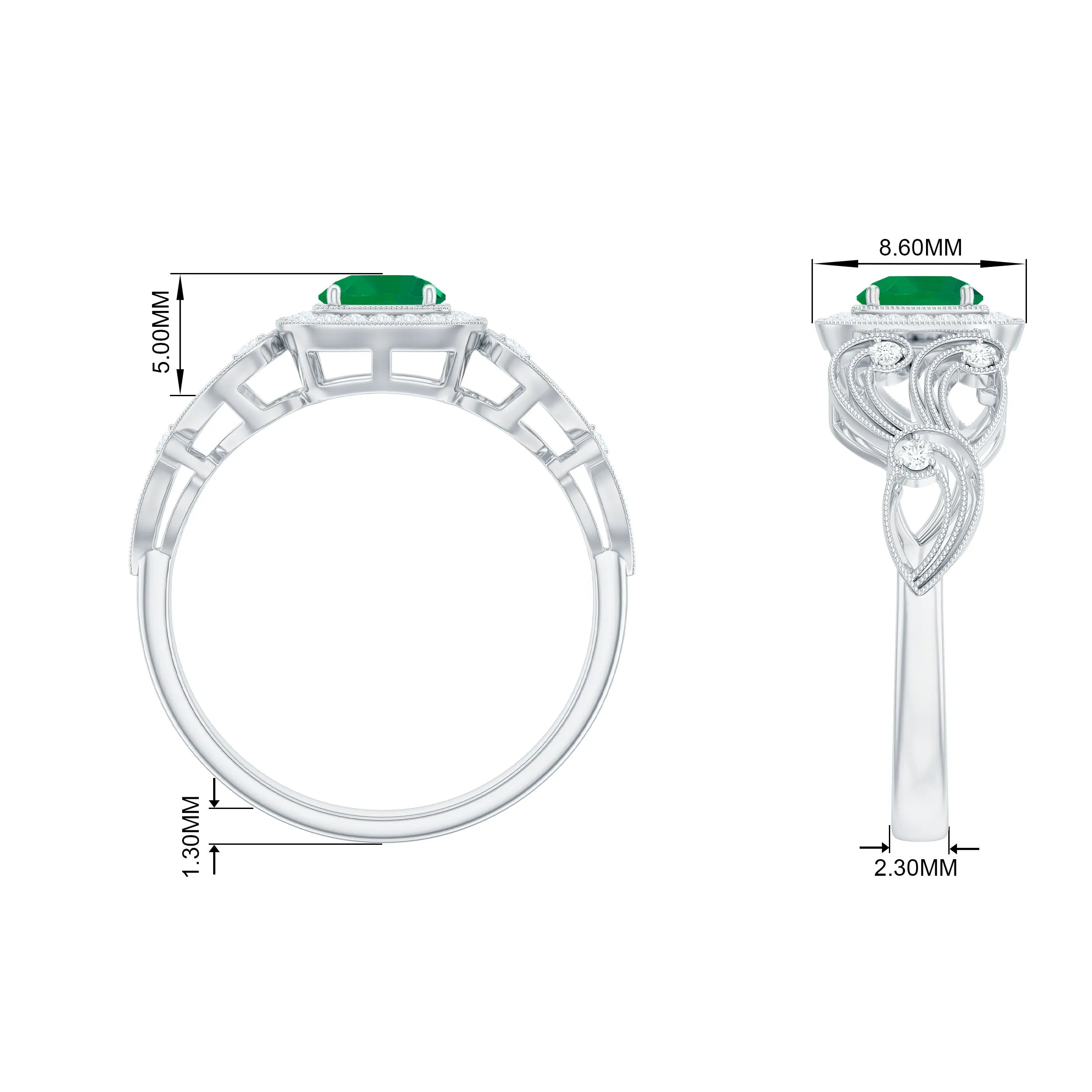 3/4 CT Art Deco Emerald and Diamond Engagement Ring with Milgrain Detailing