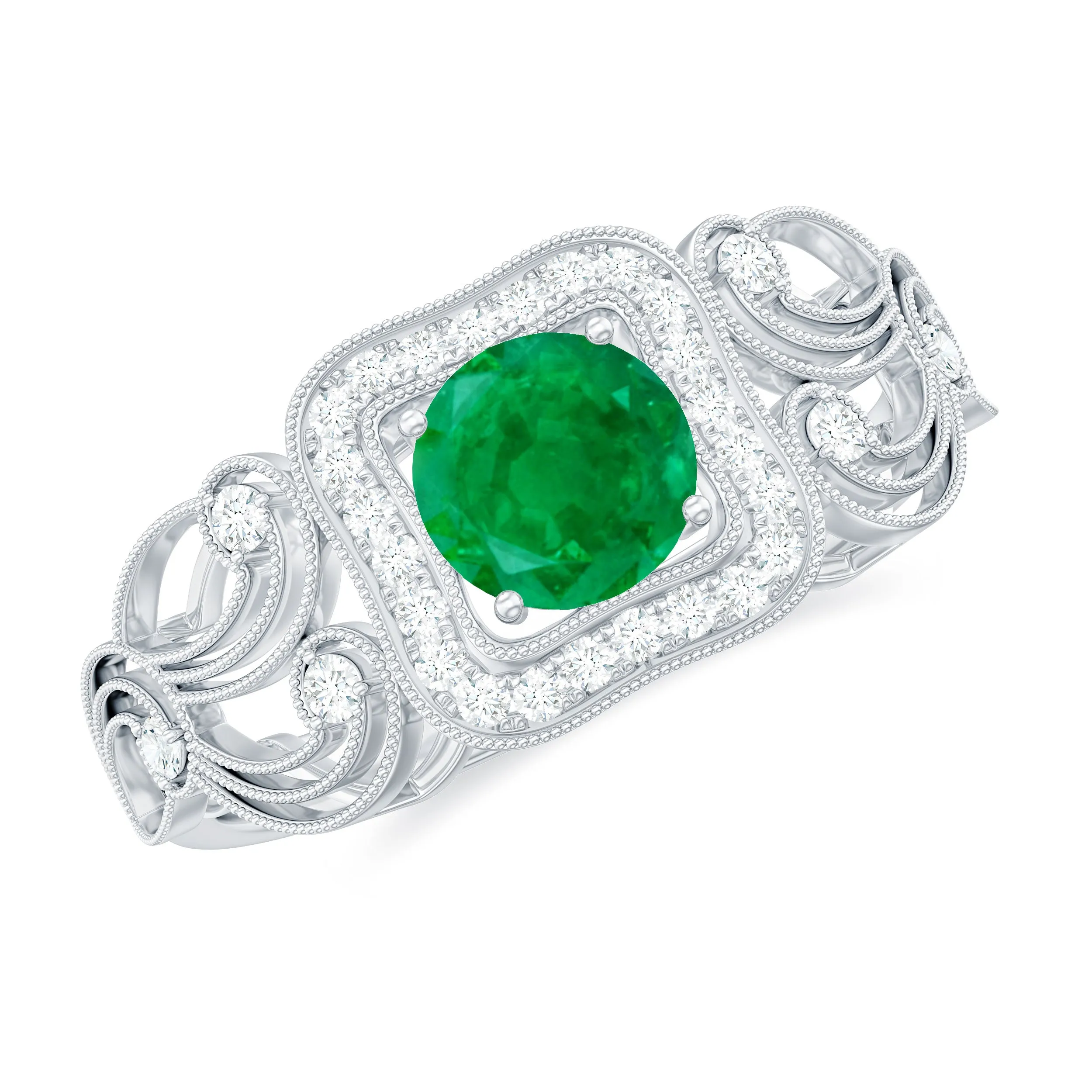 3/4 CT Art Deco Emerald and Diamond Engagement Ring with Milgrain Detailing