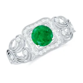 3/4 CT Art Deco Emerald and Diamond Engagement Ring with Milgrain Detailing