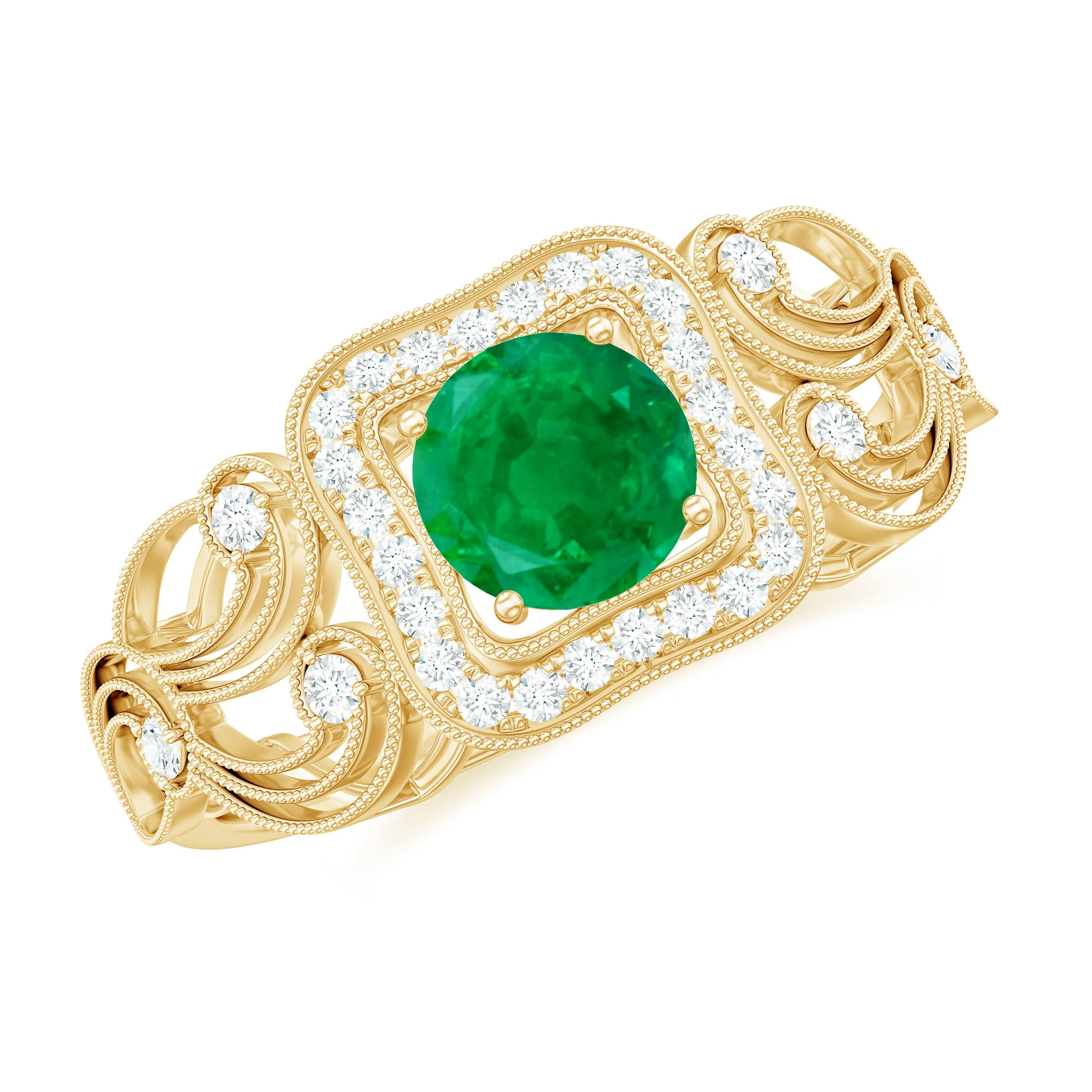 3/4 CT Art Deco Emerald and Diamond Engagement Ring with Milgrain Detailing