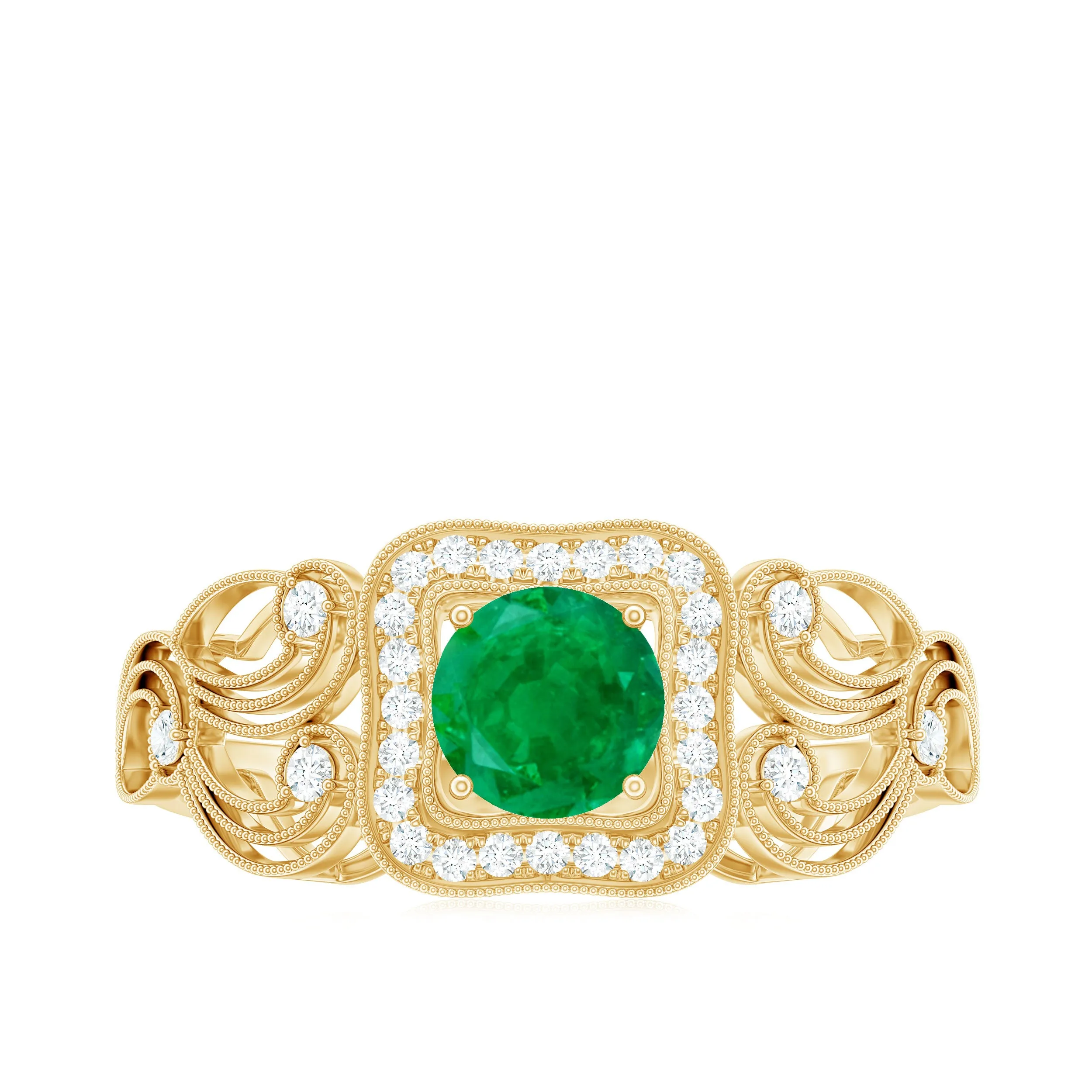 3/4 CT Art Deco Emerald and Diamond Engagement Ring with Milgrain Detailing