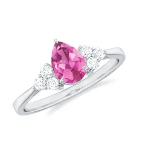 3/4 CT Natural Pink Tourmaline Teardrop Solitaire Ring with Diamond Trio