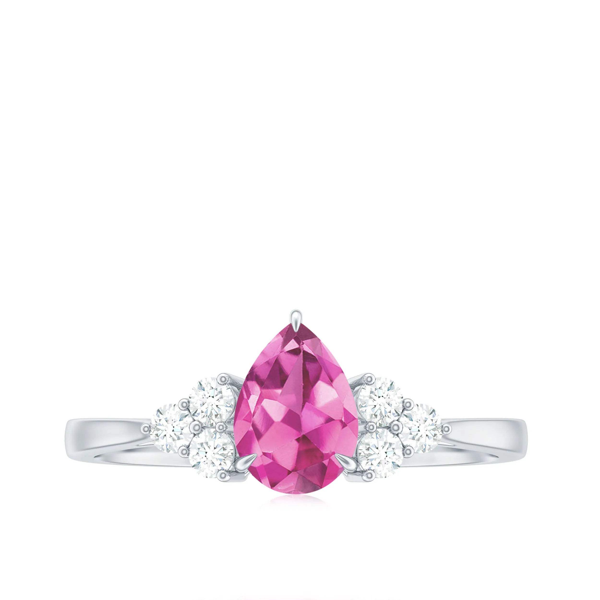 3/4 CT Natural Pink Tourmaline Teardrop Solitaire Ring with Diamond Trio