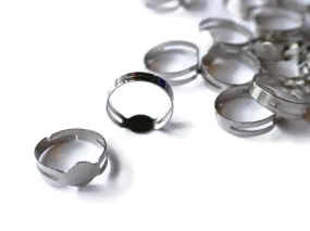 40 Silver Adjustable Ring Blanks Iron Ring Base with 8mm pad