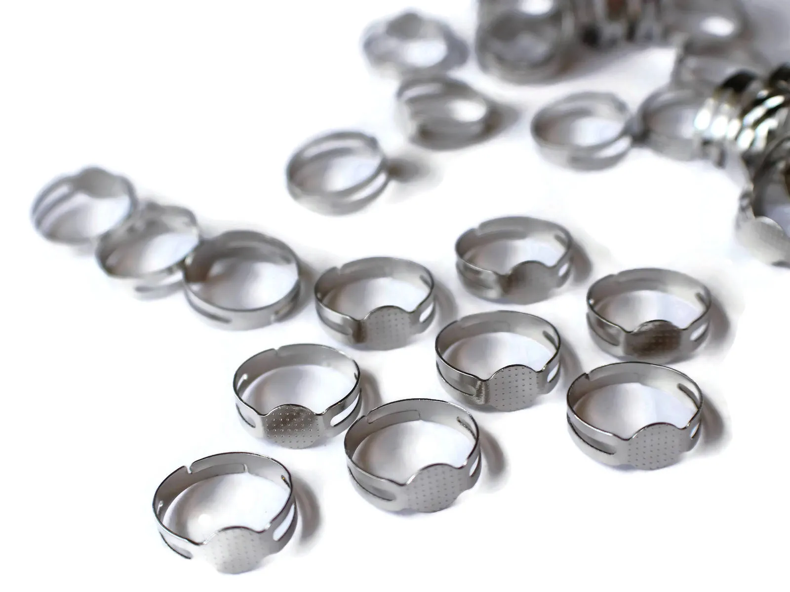 40 Silver Adjustable Ring Blanks Iron Ring Base with 8mm pad