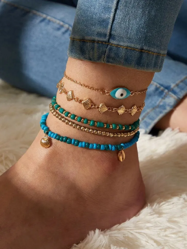 5pcs Shell & Eye Decor Anklet