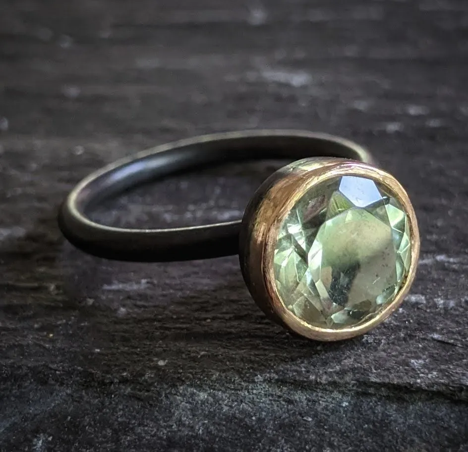 9 MM Round Green Amethyst 18k Gold Cup and Oxidised Silver Ring