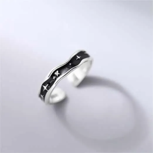 925 Silver Irregular Black Enamel Starburst Plain Ring