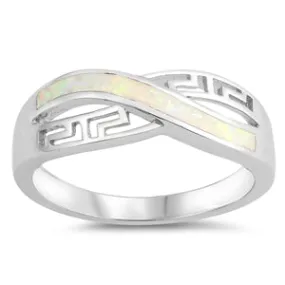 925 Sterling Silver Infinity Ring With Greek Key Design, White Opal Inlay