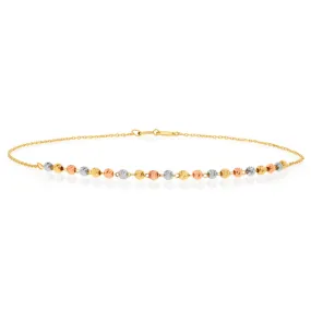 9ct 3-Tone Yellow White Rose Gold Beaded 27cm Anklet