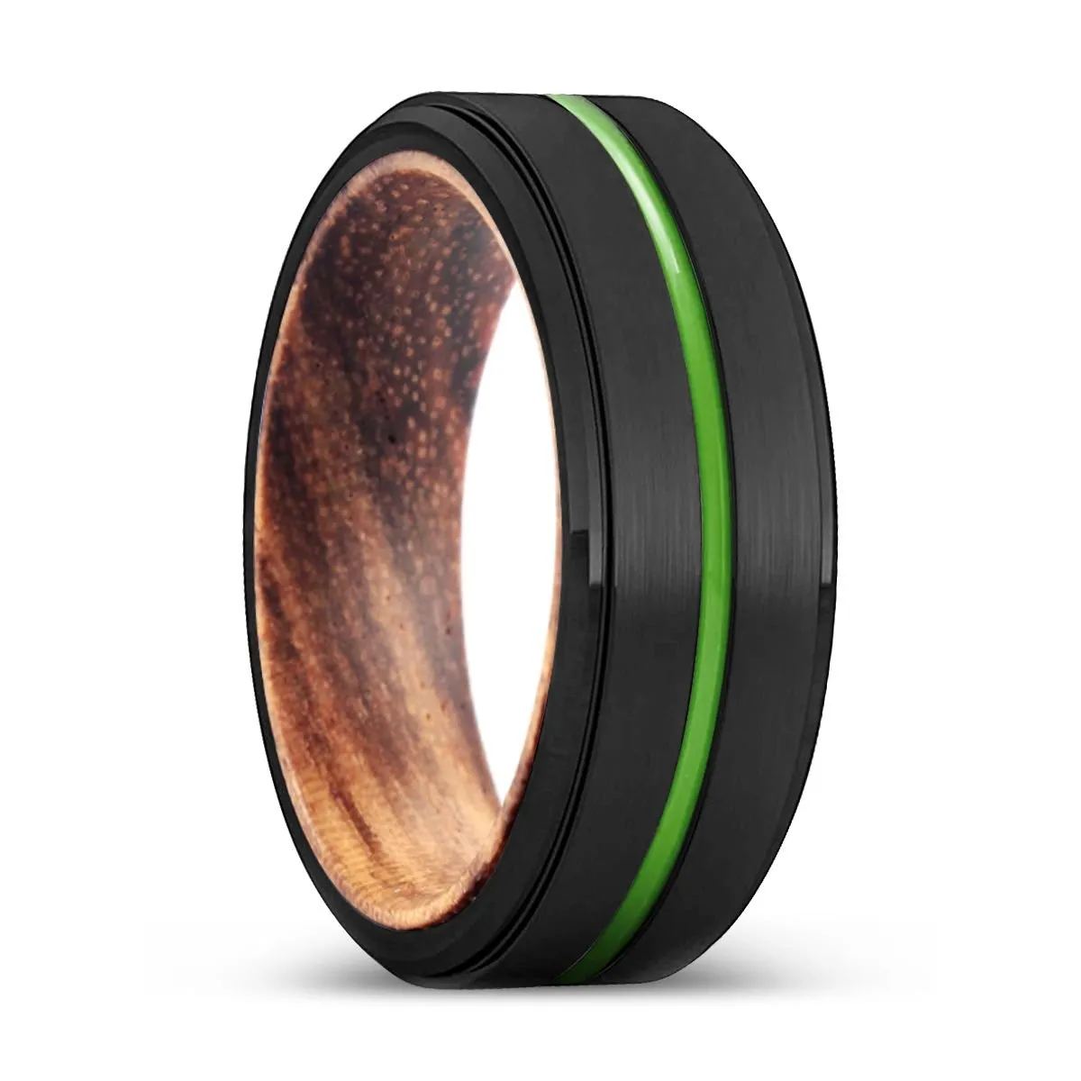 ALEXANDRIA | Zebra Wood, Black Tungsten Ring, Green Groove, Stepped Edge