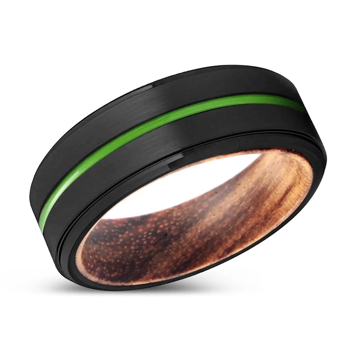 ALEXANDRIA | Zebra Wood, Black Tungsten Ring, Green Groove, Stepped Edge