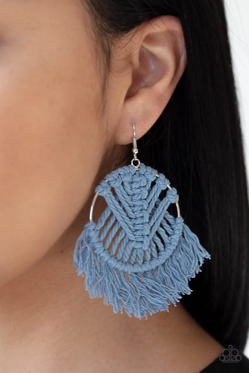 All About MACRAME - Blue - Knotted String Silver Hoop Paparazzi Fishhook Earrings