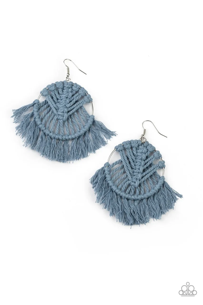 All About MACRAME - Blue - Knotted String Silver Hoop Paparazzi Fishhook Earrings