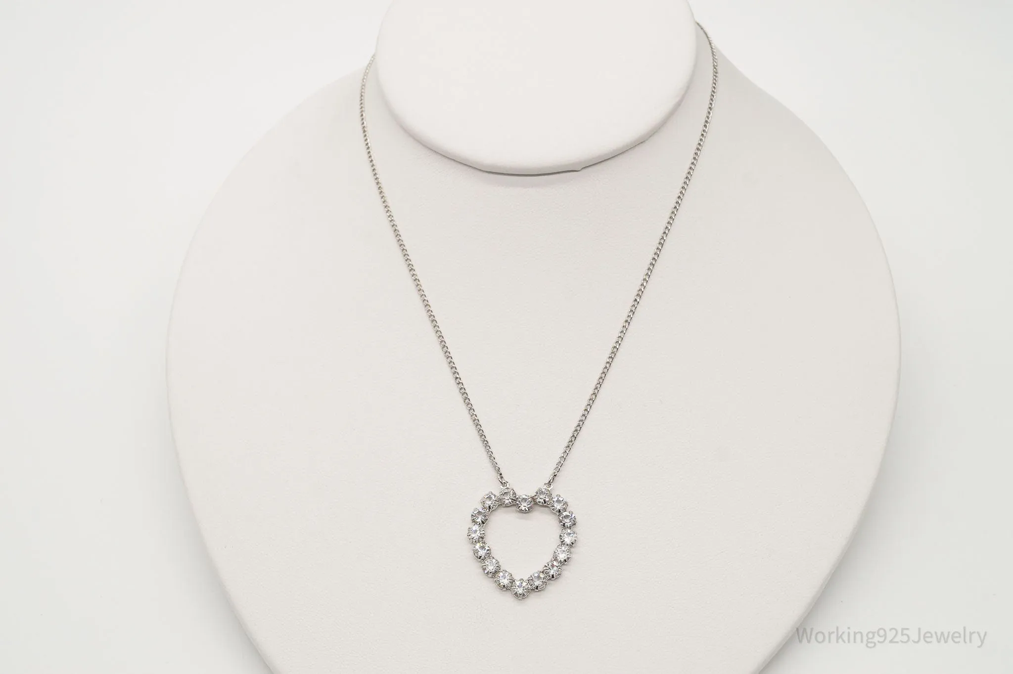 Antique Crystal Heart Sterling Silver Necklace 16"