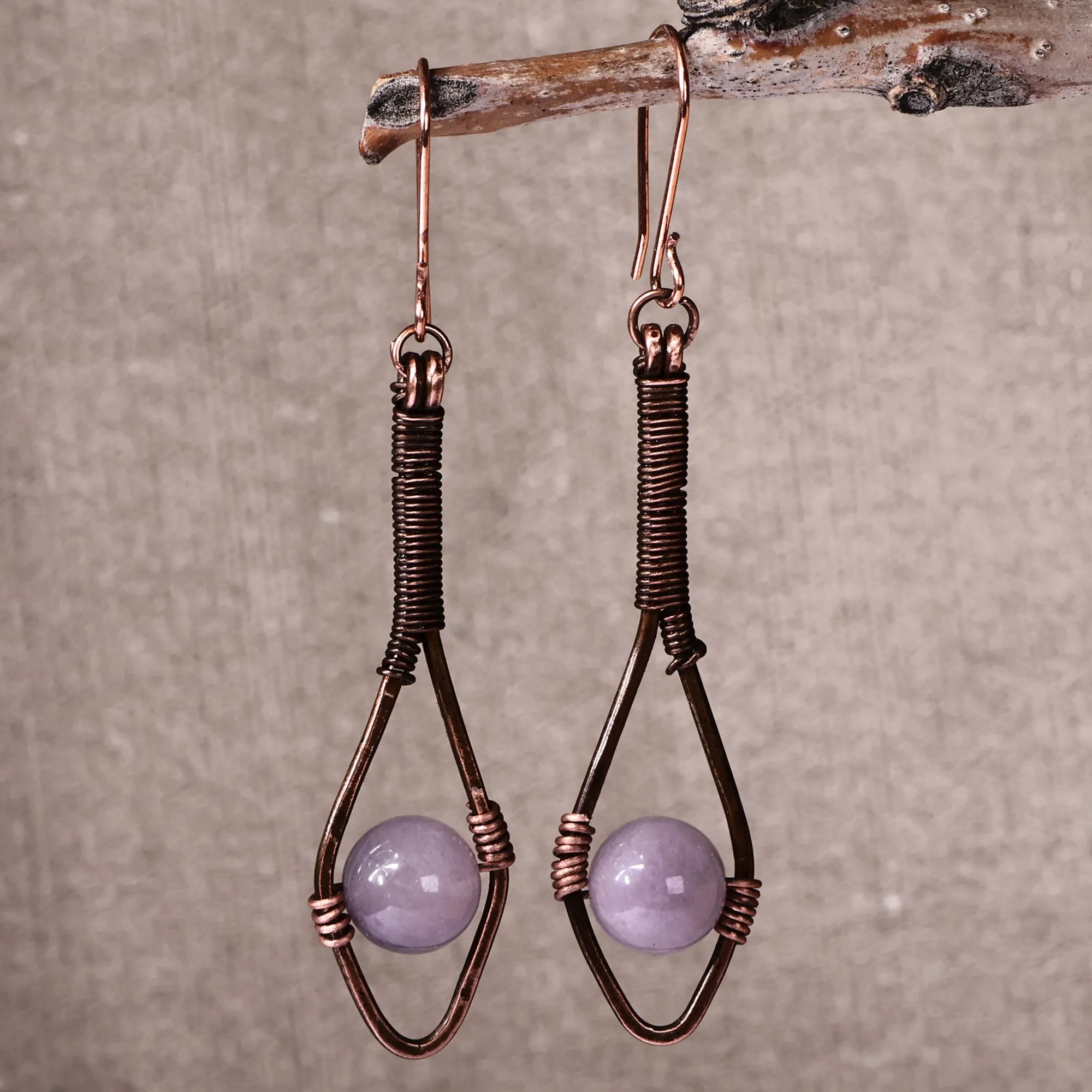 Antiqued Classic Copper and Purple Jade Dangle Earrings - Awakening Beauty | NOVICA