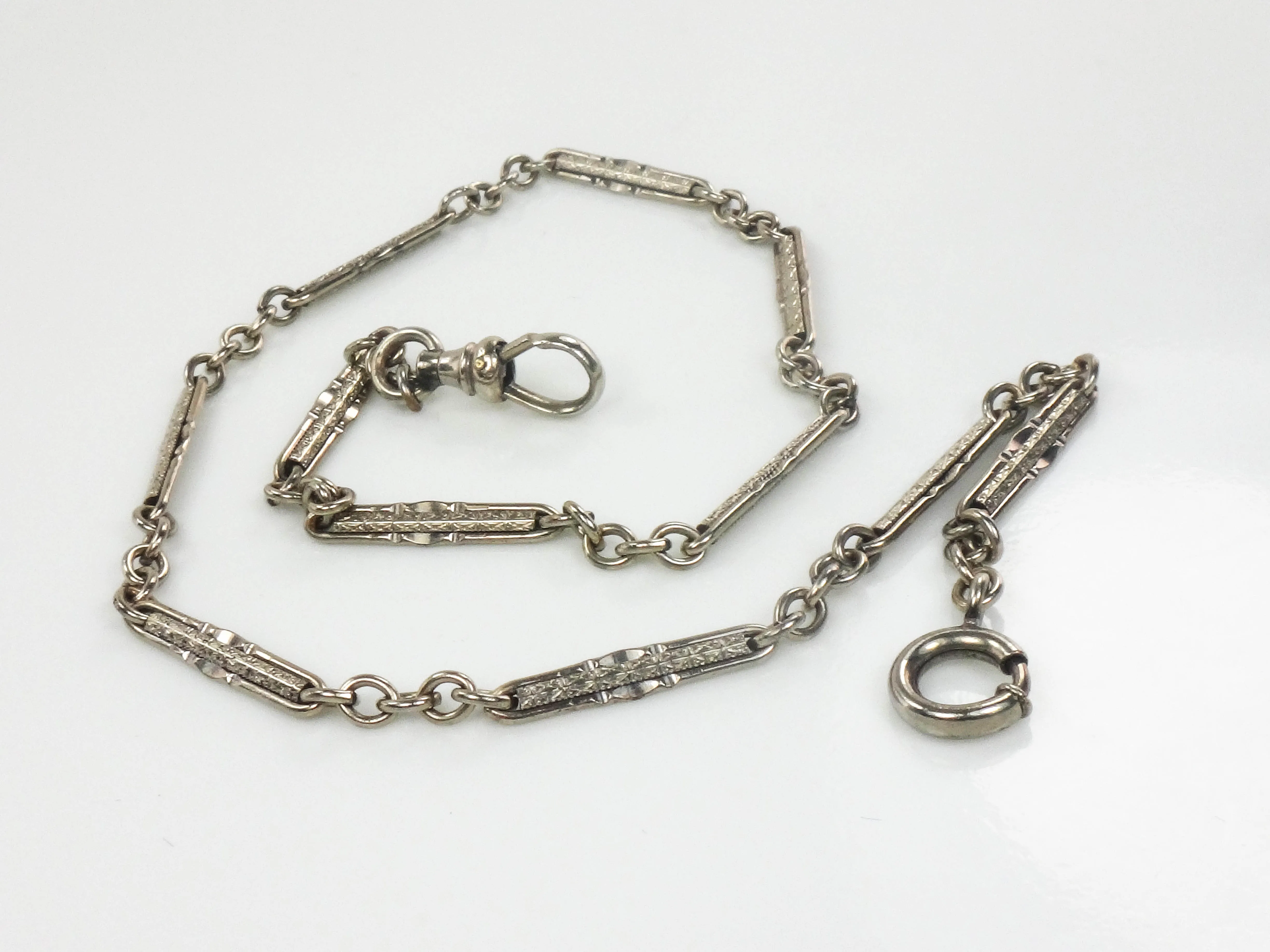 Art Deco White Gold Filled GF Link and Bar Pocket Watch Chain 13 1/8"