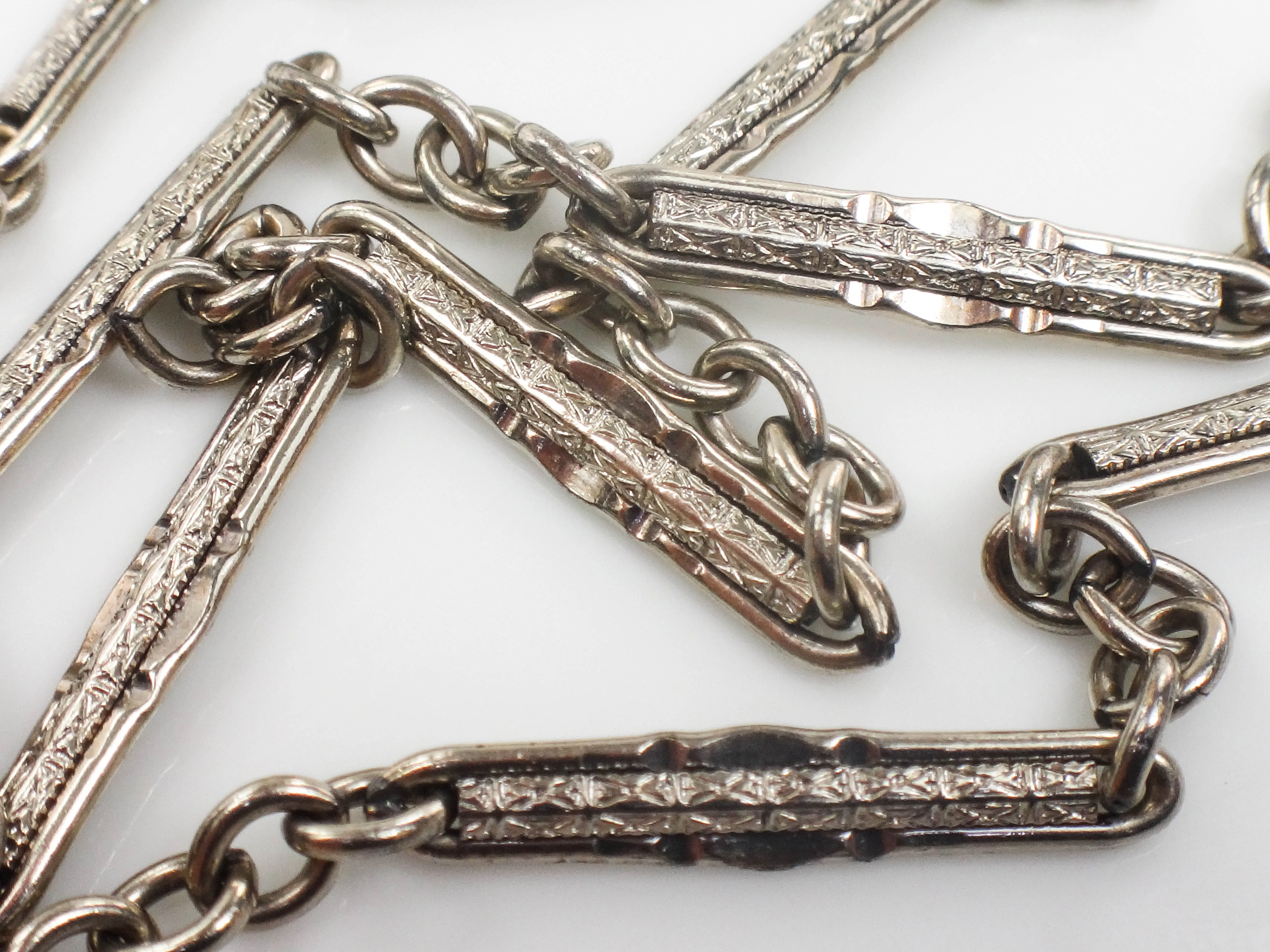 Art Deco White Gold Filled GF Link and Bar Pocket Watch Chain 13 1/8"