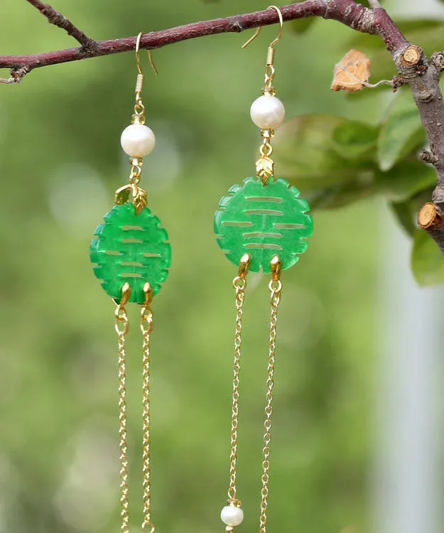 Art Green Sterling Silver Overgild Dry Green Pearl Jade Drop Earrings LY7837