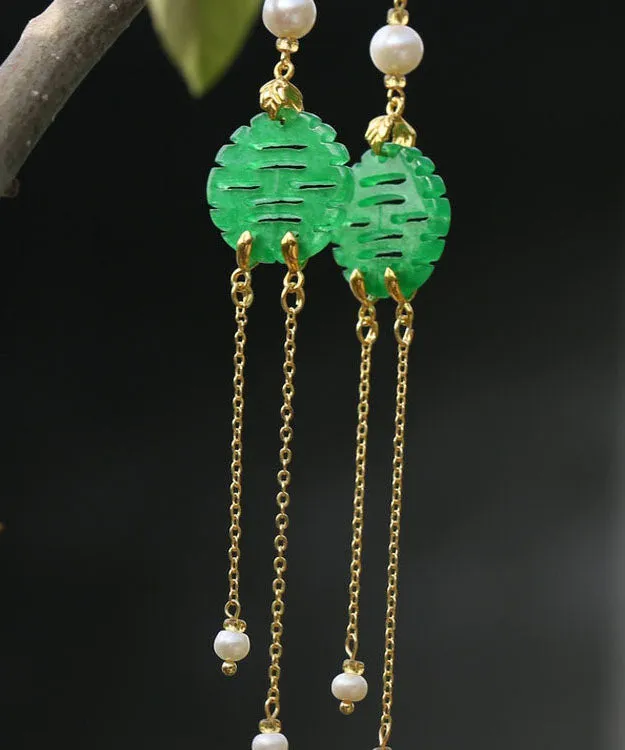 Art Green Sterling Silver Overgild Dry Green Pearl Jade Drop Earrings LY7837