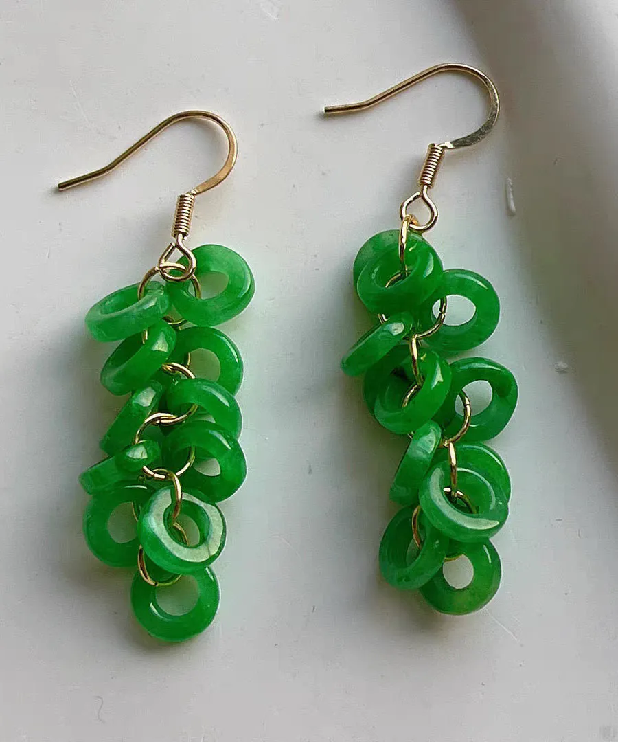 Art Green Sterling Silver Overgild Jade Tassel Drop Earrings GH1061