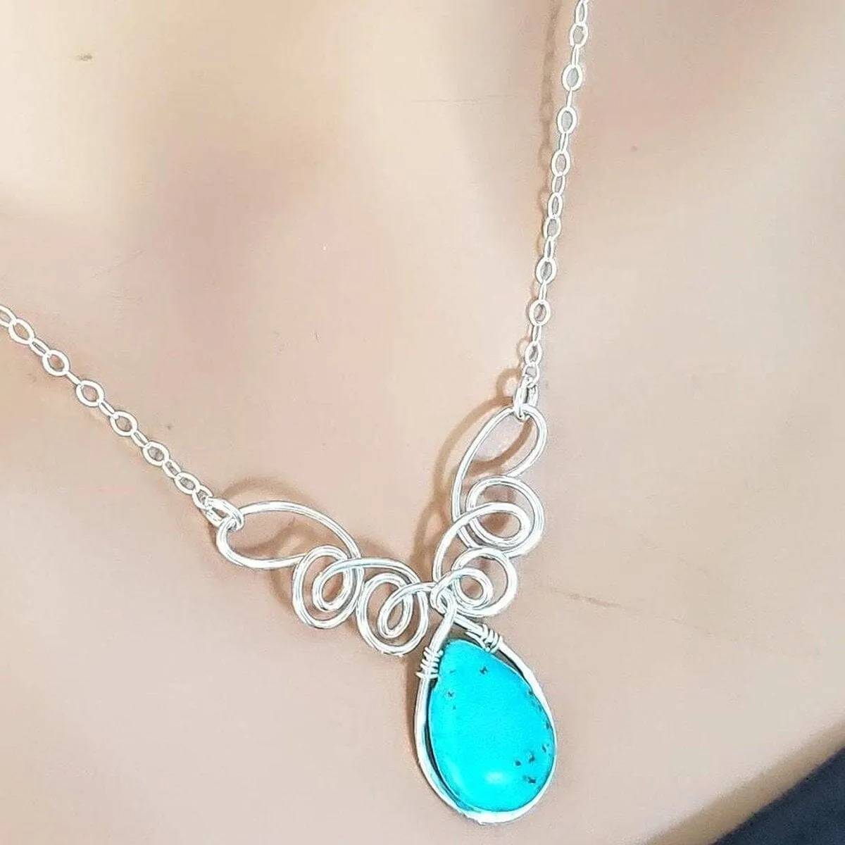 As Seen On TV Turquoise Drop Sterling Silver Wire Wrapped Necklace