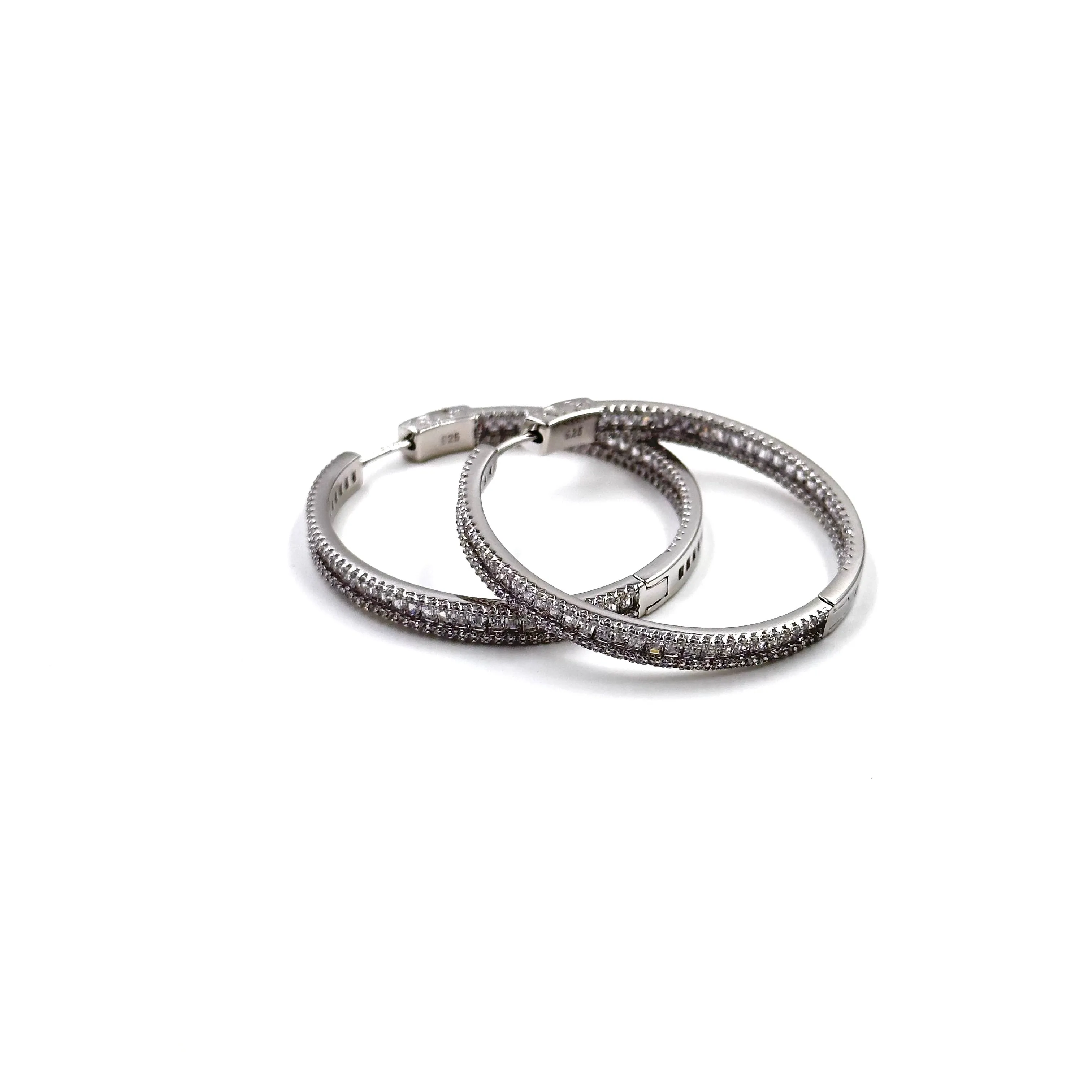 Ashley Gold Sterling Silver 2" Inside Outside Inside Baguette And Round Hoop Earrings