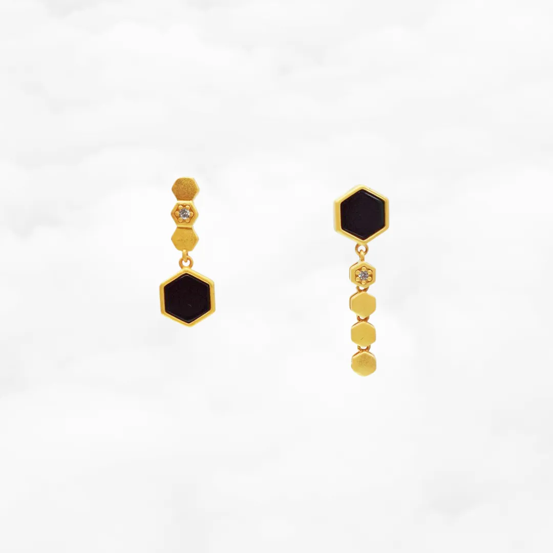 Asymmetrical Black Jade Honeycomb Earrings