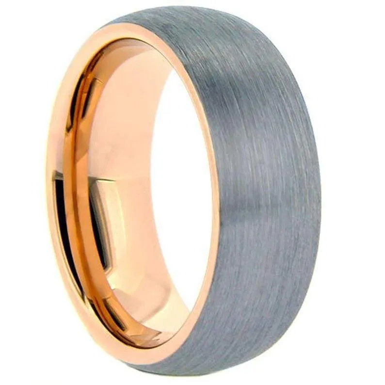 ATILA Domed Brushed Tungsten Carbide Ring w/ Rose Gold Inlaid Inside 6mm & 8mm