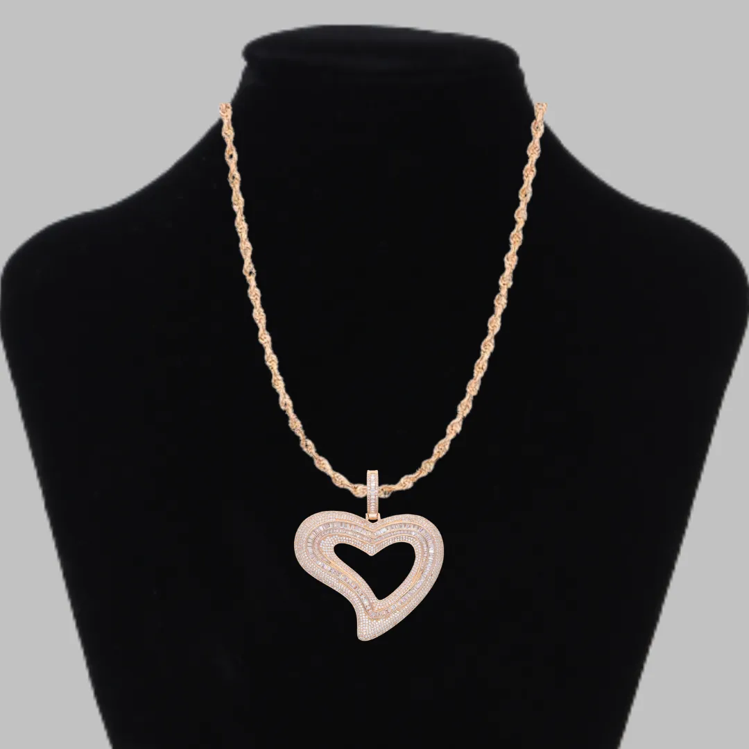 Baguette Heart Iced Out Diamond Pendant Necklace