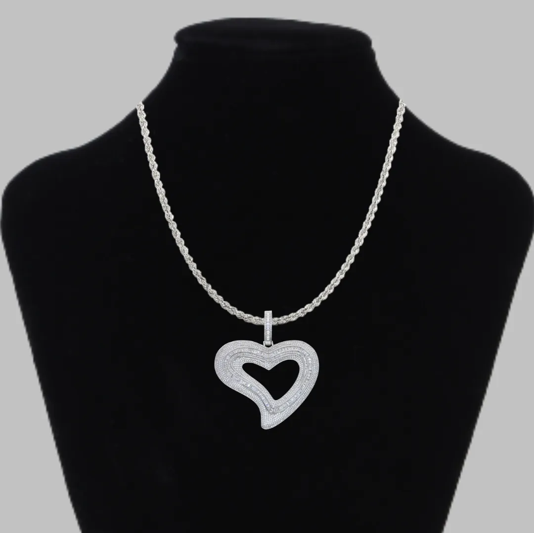 Baguette Heart Iced Out Diamond Pendant Necklace