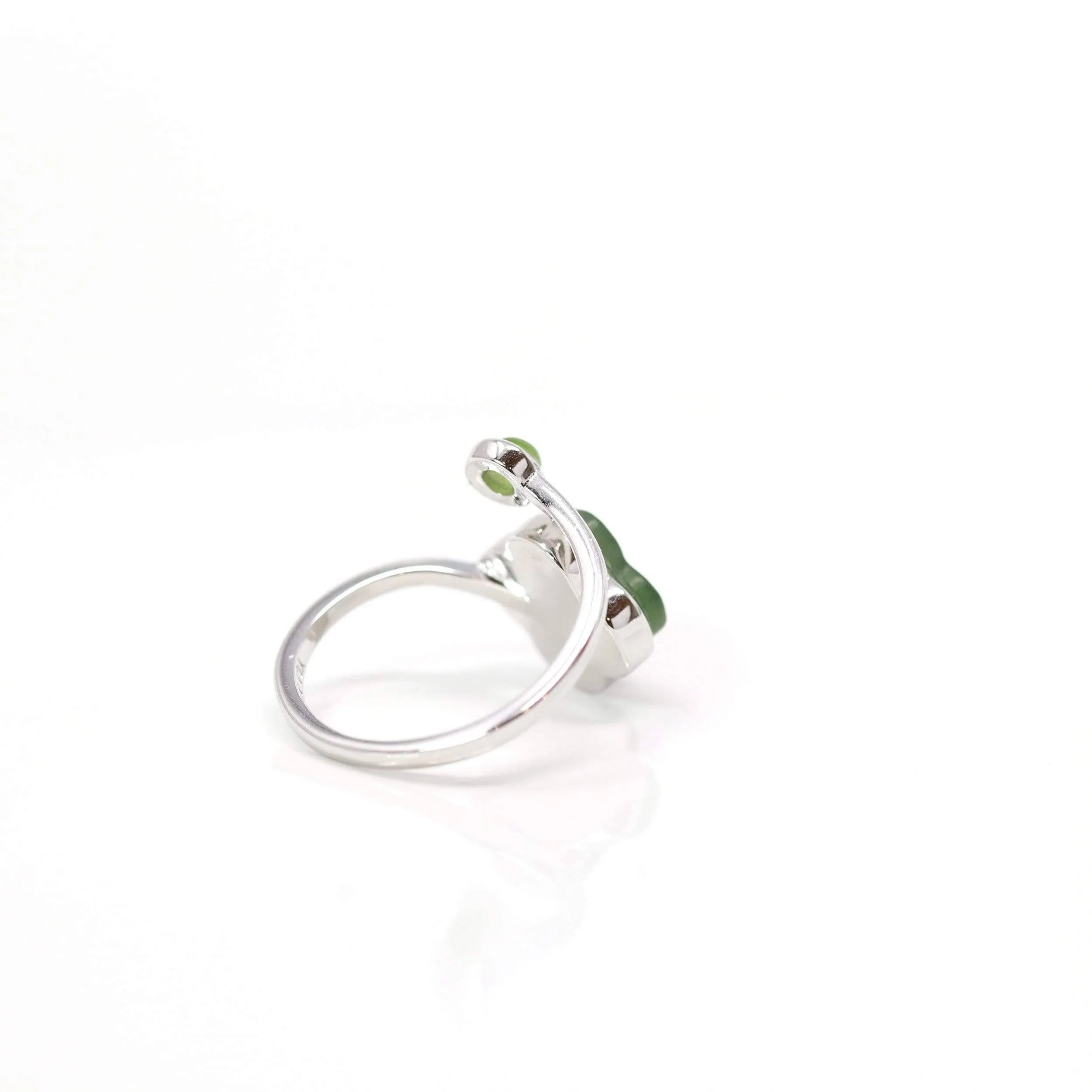 Baikalla™ Sterling Silver Real Green Nephrite Jade Lucky Four Leaf Clover Ring