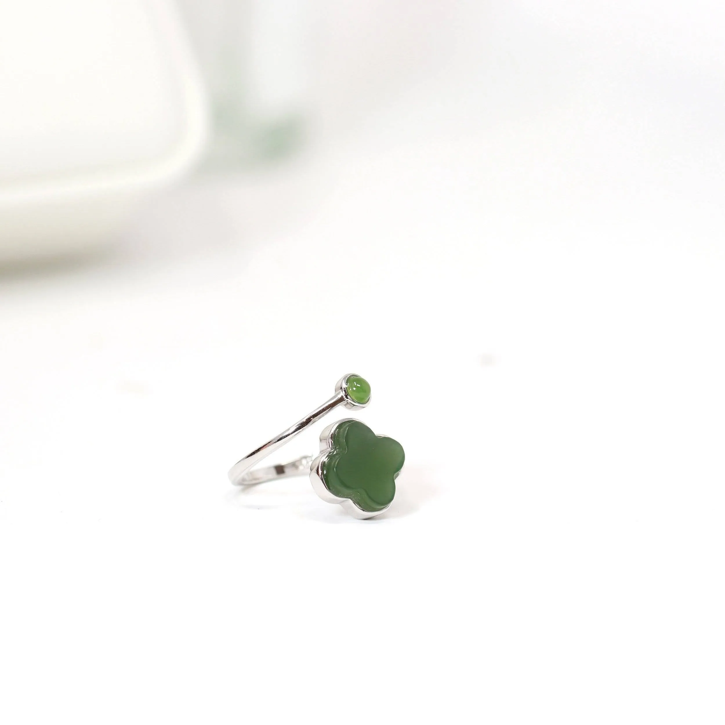 Baikalla™ Sterling Silver Real Green Nephrite Jade Lucky Four Leaf Clover Ring