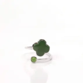 Baikalla™ Sterling Silver Real Green Nephrite Jade Lucky Four Leaf Clover Ring