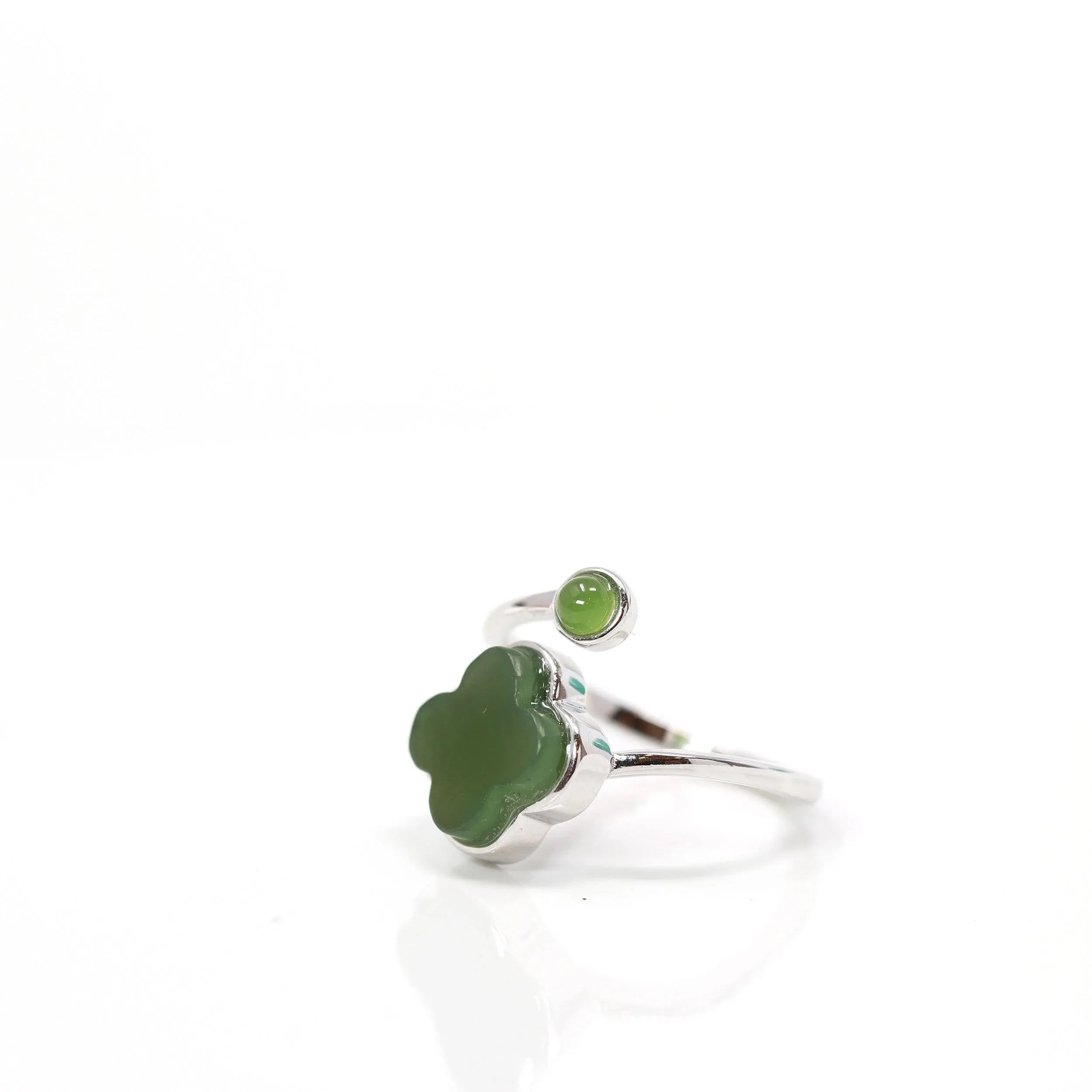 Baikalla™ Sterling Silver Real Green Nephrite Jade Lucky Four Leaf Clover Ring