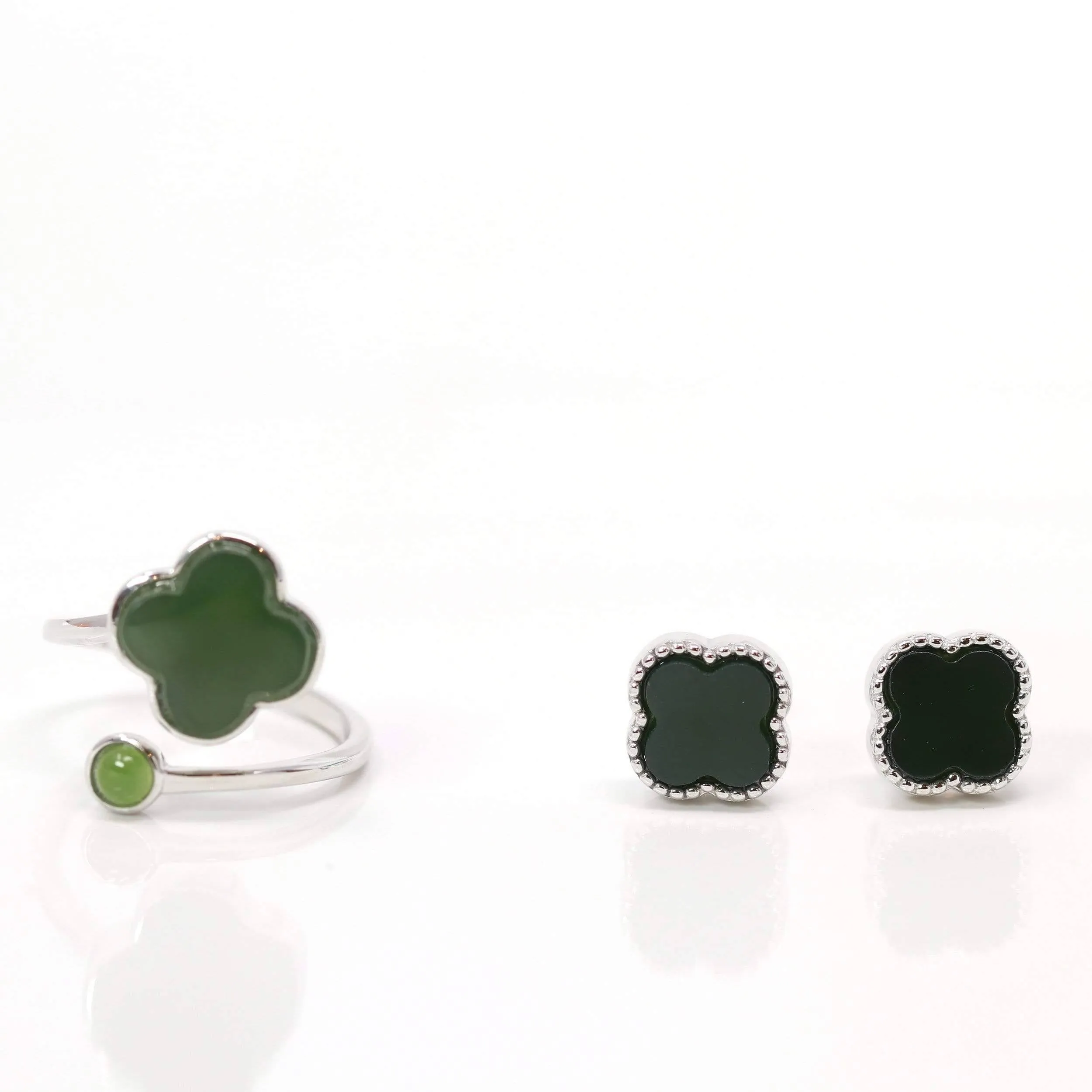 Baikalla™ Sterling Silver Real Green Nephrite Jade Lucky Four Leaf Clover Ring