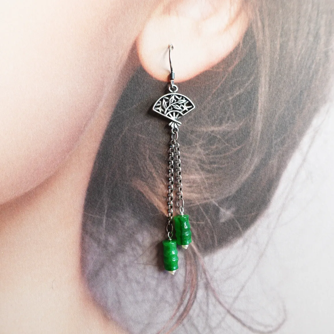 Bamboo Green Jade Earrings