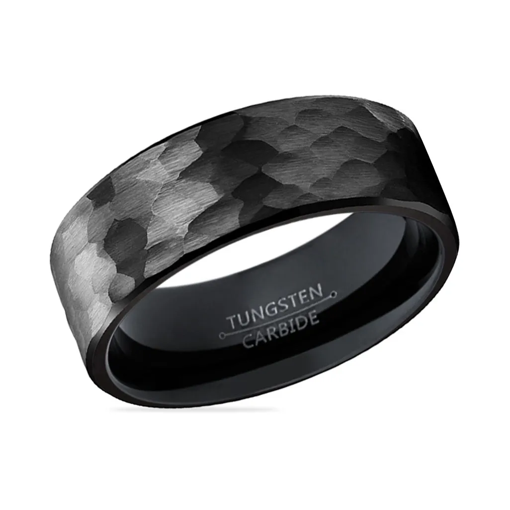 BANDIT | Black Ring, Black Tungsten Ring, Hammered, Flat