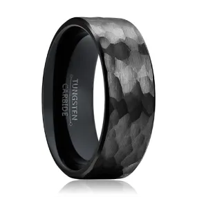 BANDIT | Black Ring, Black Tungsten Ring, Hammered, Flat