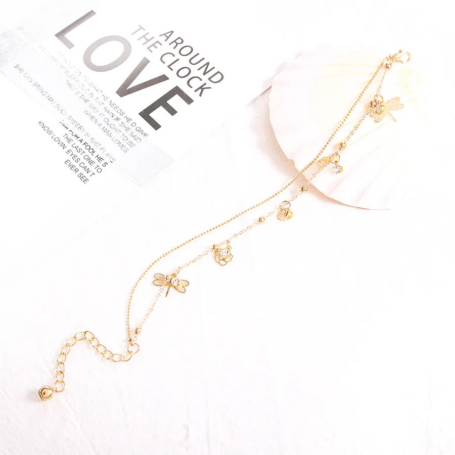 Beach Style Diamond-Studded Small Dragonfly Anklet