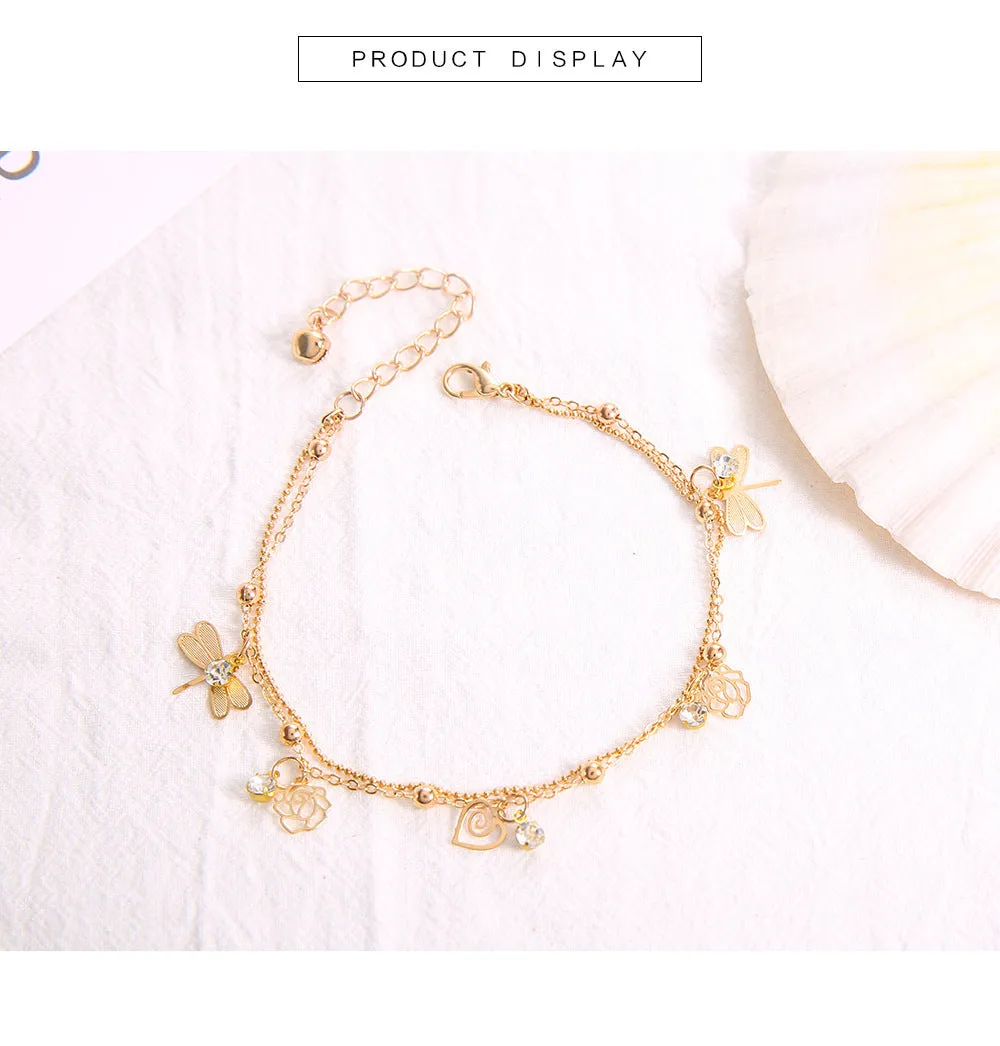 Beach Style Diamond-Studded Small Dragonfly Anklet