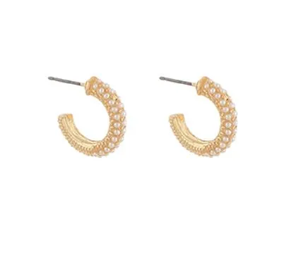 Bead Pearl Textured Tube Hoop Earrings